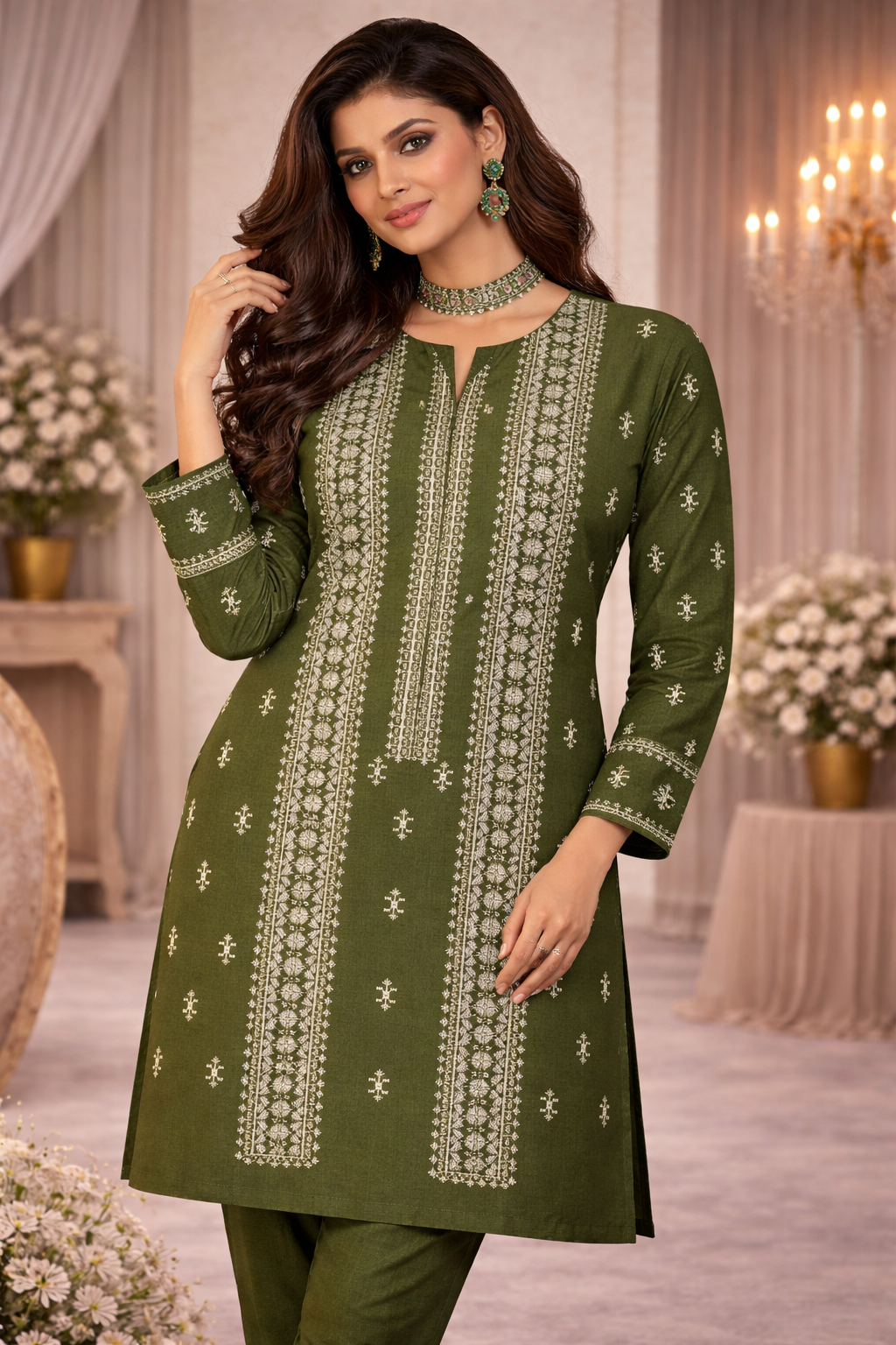 Olive Green Cross Stitch Inspired Embroidered Lawn 2 Piece Suit..ASB-CS-04-OLV