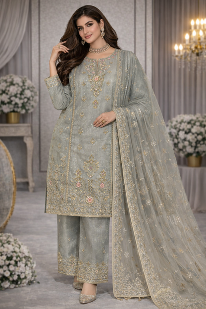 Silver Grey Embroidered Organza 3 Piece Suit.....ASB-LX-03-SGR