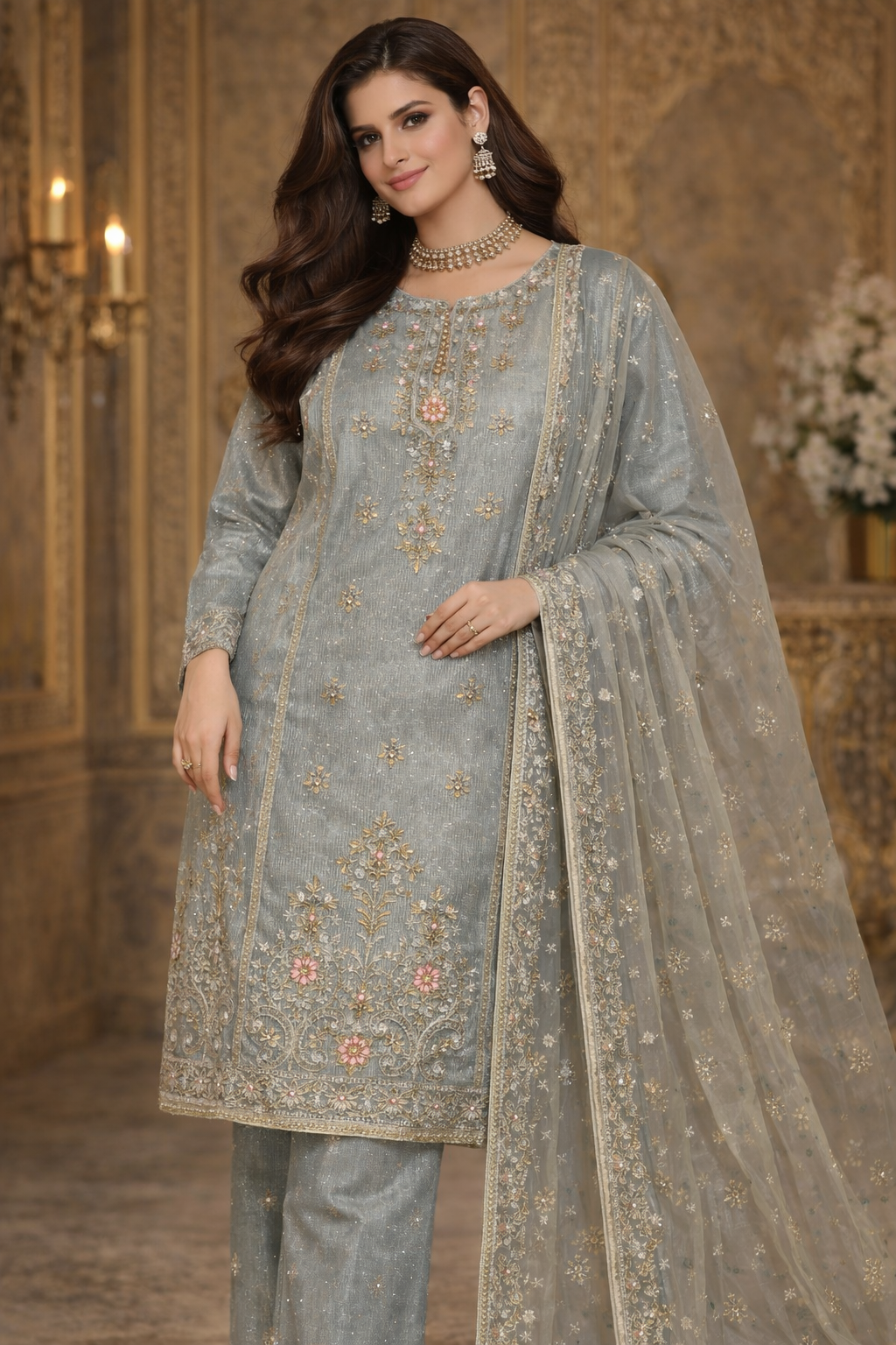 Silver Grey Embroidered Organza 3 Piece Suit.....ASB-LX-03-SGR