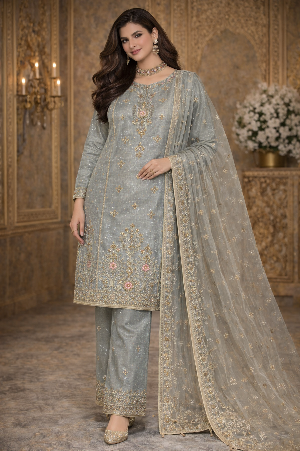 Silver Grey Embroidered Organza 3 Piece Suit.....ASB-LX-03-SGR