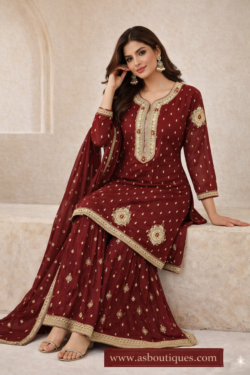 AS Boutiques Signature Maroon Sharara Set – Handcrafted Luxury Collection