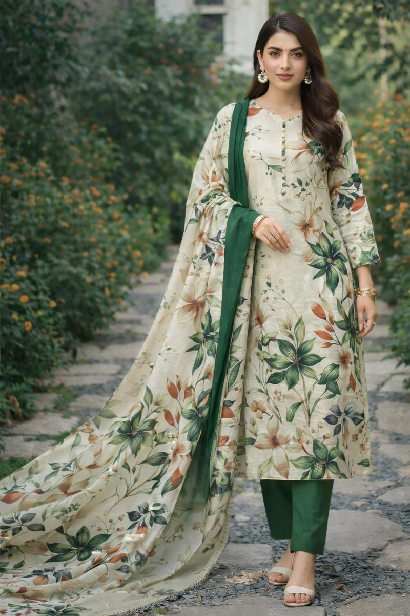 3-Piece Unstitched Bana Dora Lawn Suit – Bana Dora Shirt | Printed Dupatta | Plain Trouser