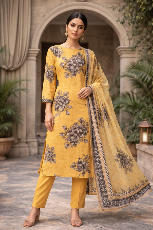 3-Piece Unstitched Bana Dora Lawn Suit – Bana Dora Shirt | Printed Dupatta | Plain Trouser