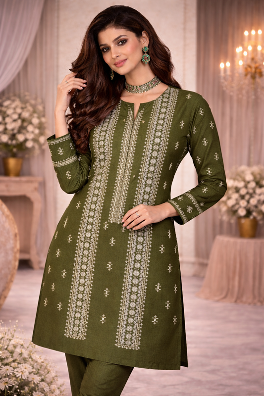 Olive Green Cross Stitch Inspired Embroidered Lawn 2 Piece Suit..ASB-CS-04-OLV