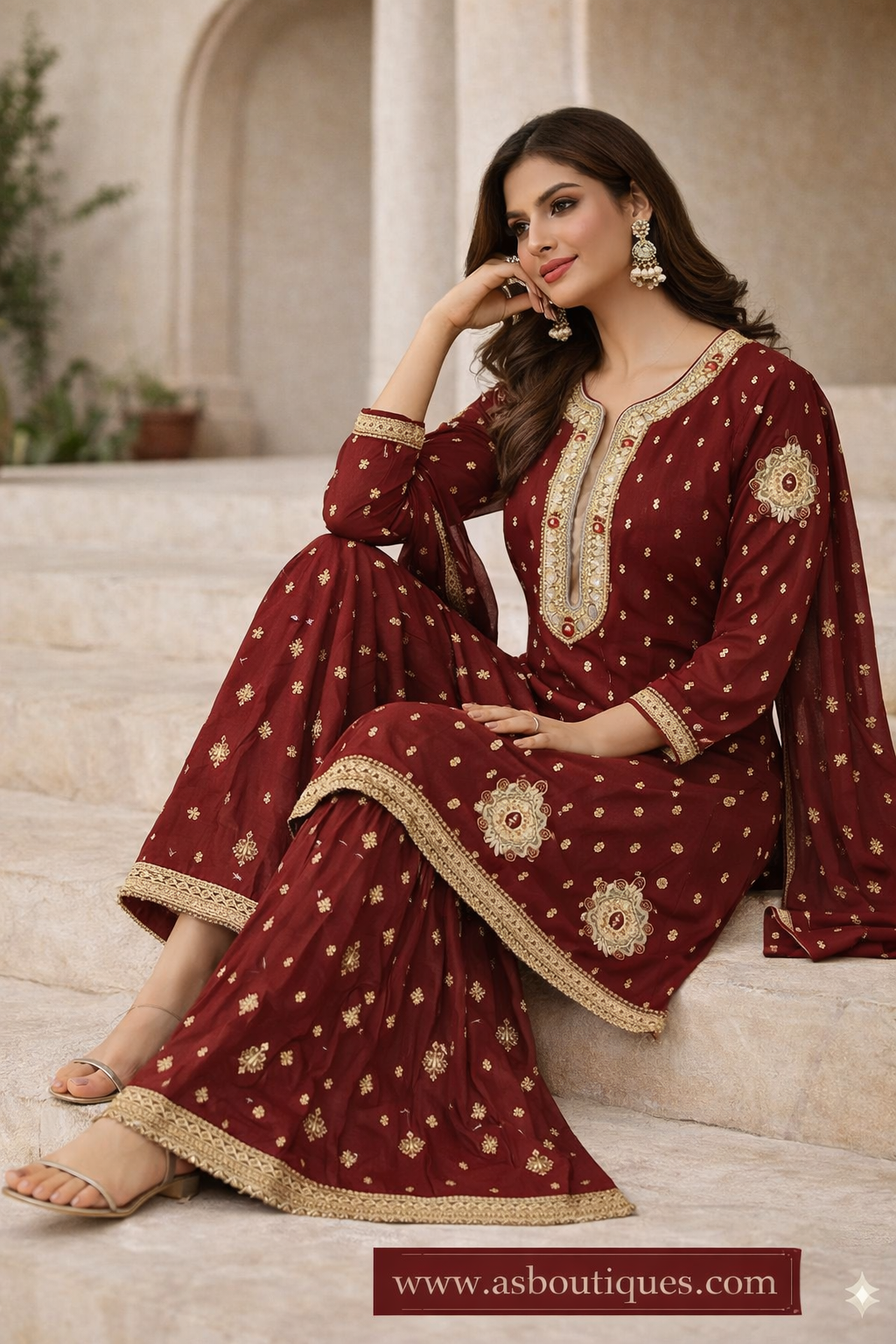 AS Boutiques Signature Maroon Sharara Set – Handcrafted Luxury Collection