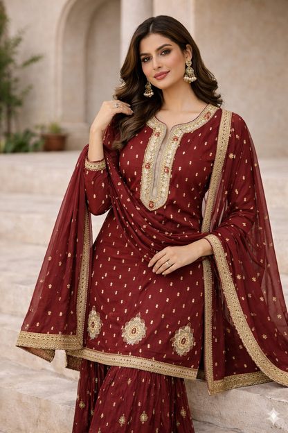 AS Boutiques Signature Maroon Sharara Set – Handcrafted Luxury Collection
