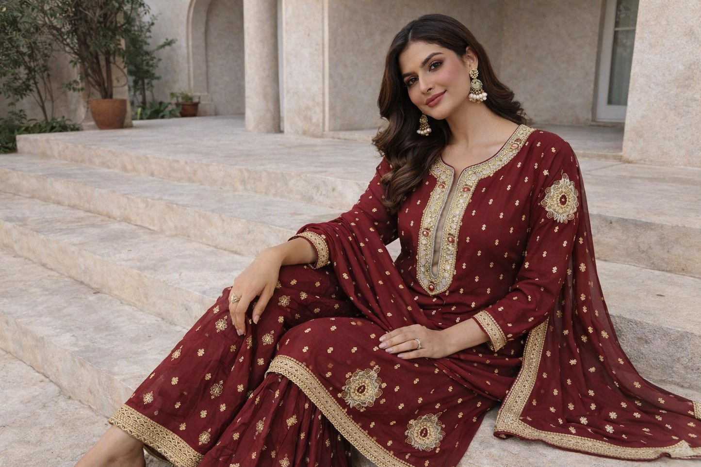 AS Boutiques Signature Maroon Sharara Set – Handcrafted Luxury Collection