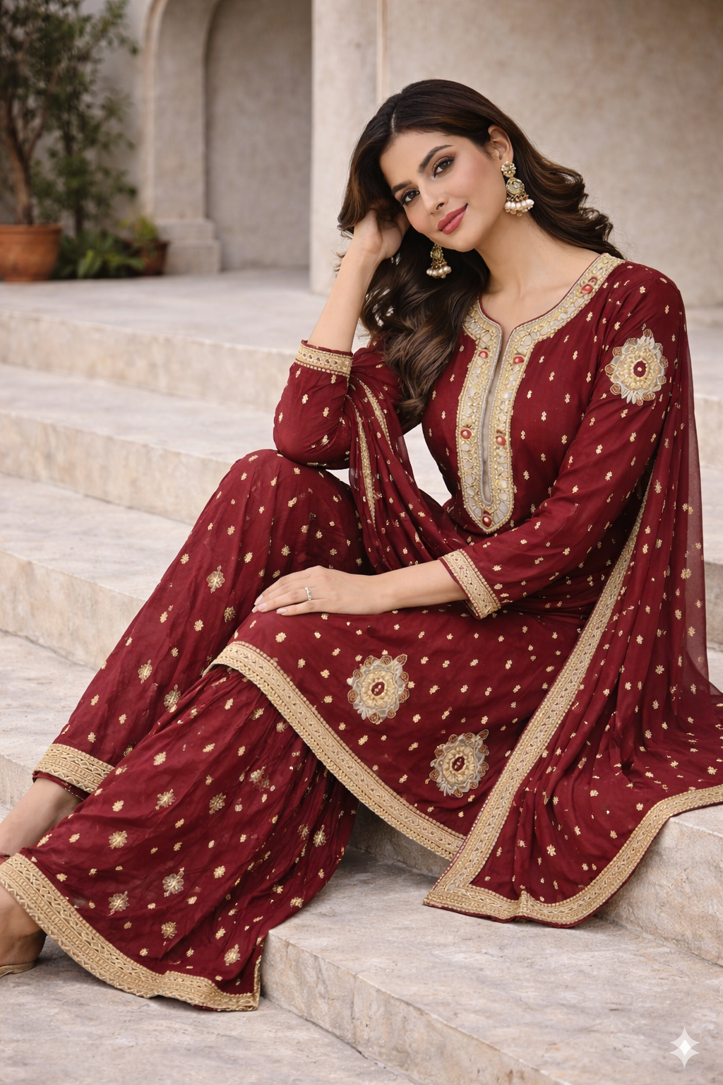 AS Boutiques Signature Maroon Sharara Set – Handcrafted Luxury Collection