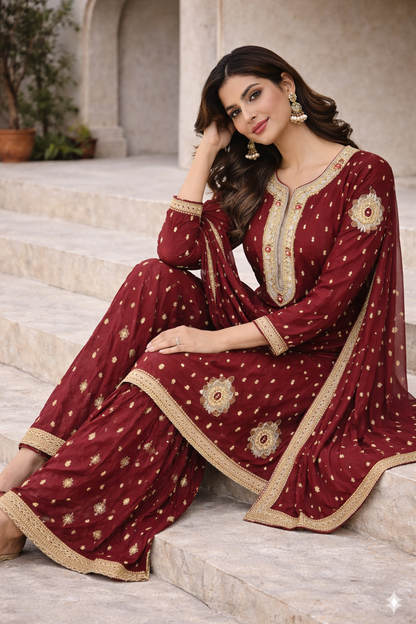 AS Boutiques Signature Maroon Sharara Set – Handcrafted Luxury Collection