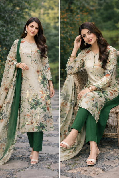 3-Piece Unstitched Bana Dora Lawn Suit – Bana Dora Shirt | Printed Dupatta | Plain Trouser
