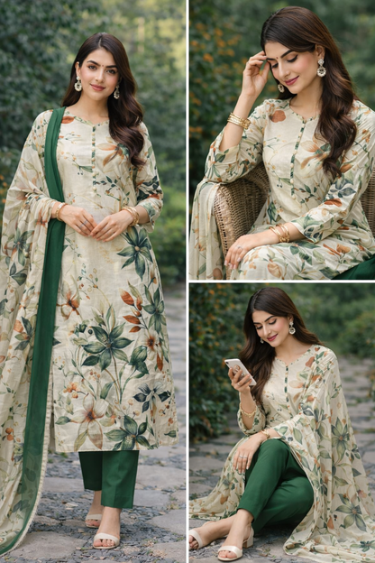 3-Piece Unstitched Bana Dora Lawn Suit – Bana Dora Shirt | Printed Dupatta | Plain Trouser