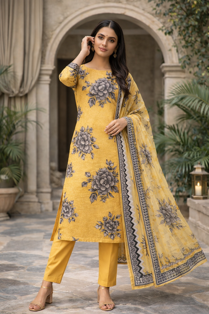 3-Piece Unstitched Bana Dora Lawn Suit – Bana Dora Shirt | Printed Dupatta | Plain Trouser