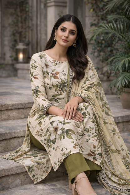 3-Piece Unstitched Bana Dora Lawn Suit – Bana Dora Shirt | Printed Dupatta | Plain Trouser