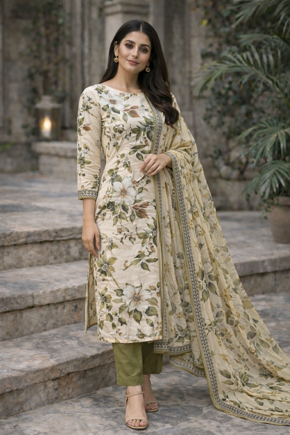 3-Piece Unstitched Bana Dora Lawn Suit – Bana Dora Shirt | Printed Dupatta | Plain Trouser