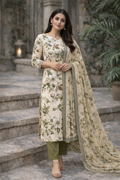 3-Piece Unstitched Bana Dora Lawn Suit – Bana Dora Shirt | Printed Dupatta | Plain Trouser