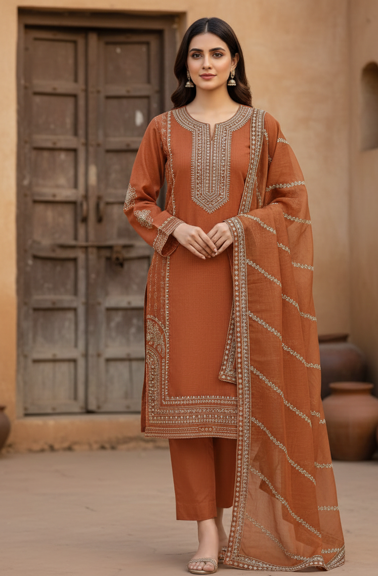 Rust Brown Embroidered Lawn 3 Piece Suit with Dupatta....ASB-3P-01-RBR