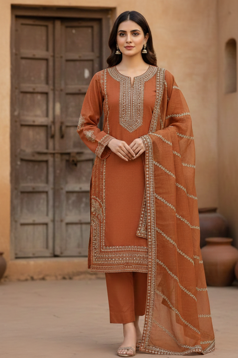 Rust Brown Embroidered Lawn 3 Piece Suit with Dupatta....ASB-3P-01-RBR
