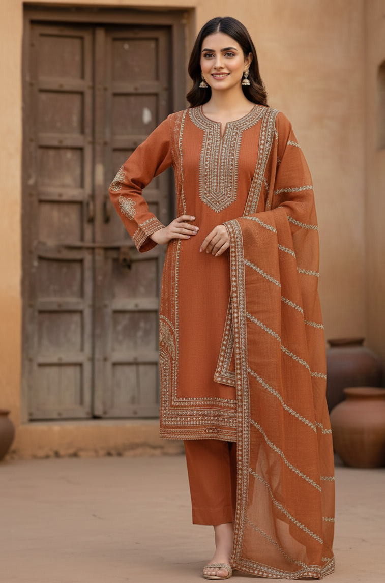 Rust Brown Embroidered Lawn 3 Piece Suit with Dupatta....ASB-3P-01-RBR
