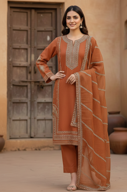 Rust Brown Embroidered Lawn 3 Piece Suit with Dupatta....ASB-3P-01-RBR