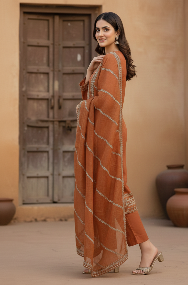 Rust Brown Embroidered Lawn 3 Piece Suit with Dupatta....ASB-3P-01-RBR