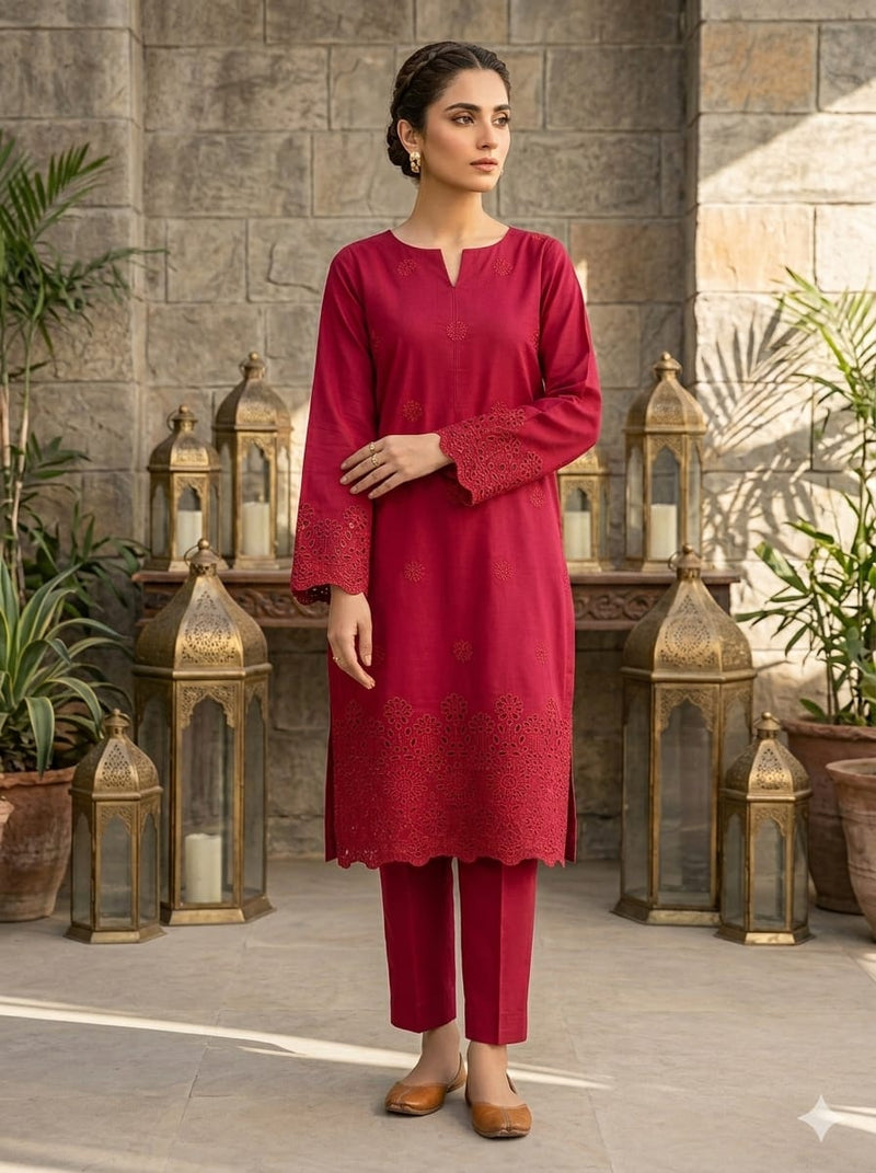 Ruby Red Chikankari Embroidered Lawn 2 Piece Suit..ASB-CK-110-RRD