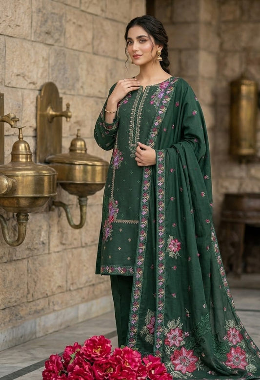 Dark Emerald Green Embroidered Lawn 3 Piece Suit with Floral Dupatta....ASB-3P-111-DEG