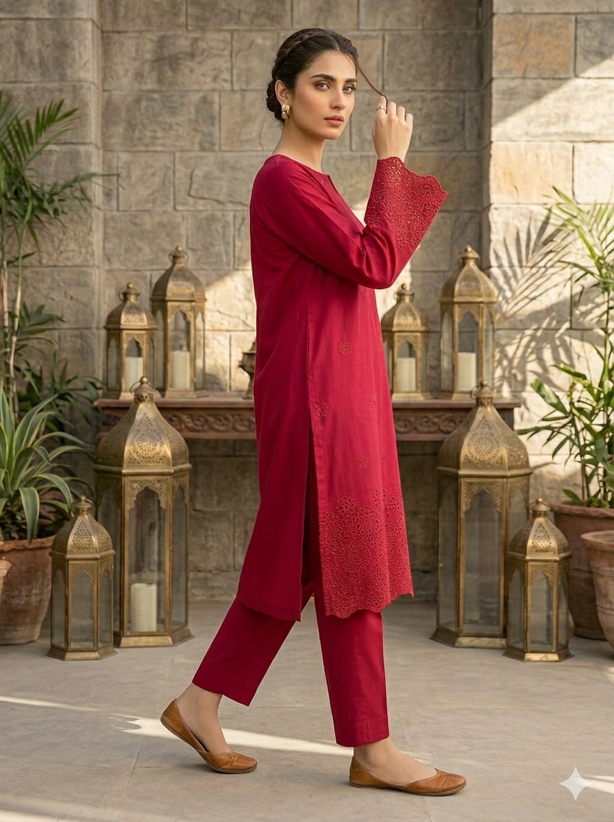 Ruby Red Chikankari Embroidered Lawn 2 Piece Suit..ASB-CK-110-RRD